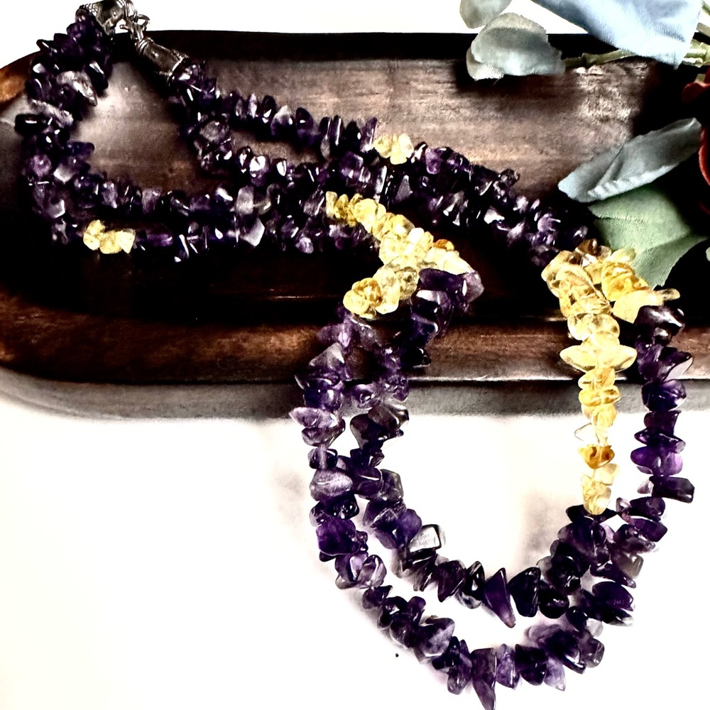 Amethyst and Citrine Gemstone Necklace Double strand
